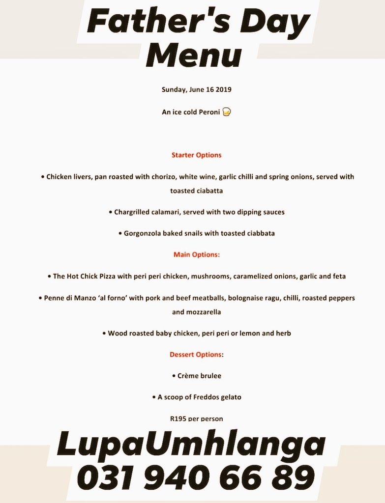 MBE50288854's tweet photo. Lupa Umhlanga, Father's Day Menu
R195 pp
#Durban #fathersday #eatout #goodfood #Italianity #FamilyFriendly #LupaUmhlanga #UmhlangaVillage #Umhlanga #UmhlangaRocks #Durbanfood https://t.co/7La5Rtd1l0