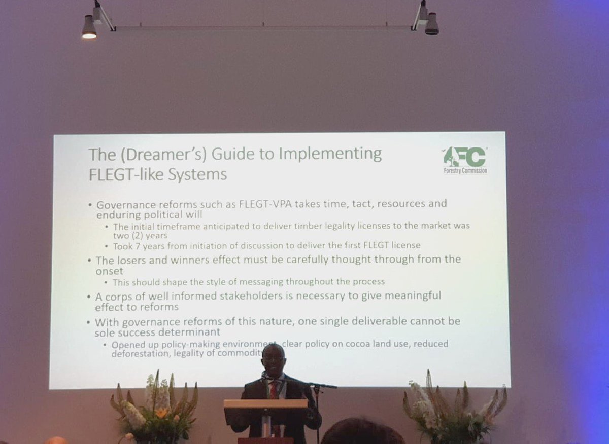 IDHTrade's tweet photo. Innovation in cooperation in producing countries sessions: Chris Beeko presenting the (Dreamer's) Guide - How FLEGT brings legality of source, rights to access, of mode of transport + processing, plus compliance to tax regime. #pledges2action #ADPweek2019 https://t.co/H61Y25bfO9