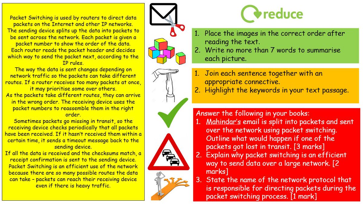 CSMissThomas1's tweet image. New Resource created this morning to teach Packet Switching - teaching students to be able to summarise effectively whilst including literacy skills and exam technique. #computerscience #ocrcompsci