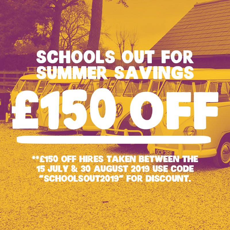 Grab £150 off any hire taken between 15th July-30th August. Simply enter the code "SchoolsOut2019" when making your booking. Contacts us for more details! #SummerOffer #Adventure #SchoolsOutForSummer #CampervanHire #VanLife