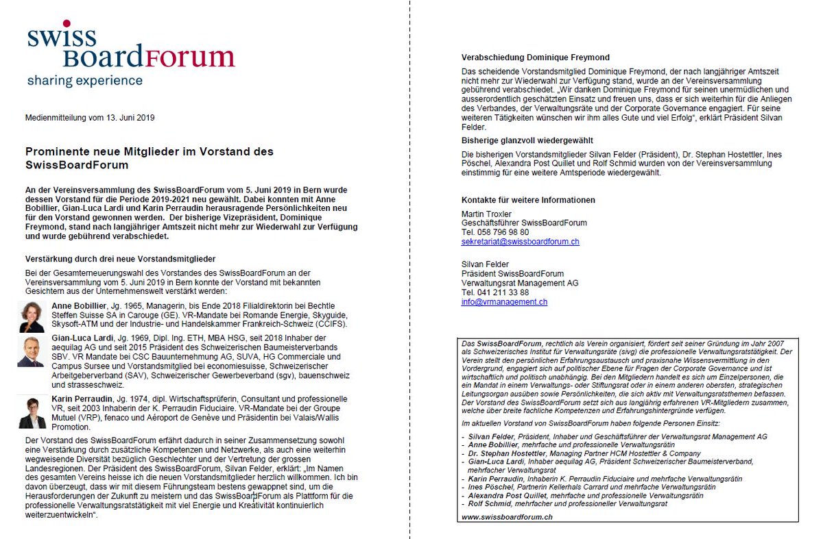 AYUMIdesuganani's tweet image. RT @VRPraxis: Das #SwissBoardForum hat seinen Vorstand neu formiert. +++ Mit Anne Bobillier, Gian-Luca Lardi und Karin Perraudin nehmen neu drei zusätzlich herausragende Persönlichkeiten Einsitz! / sharing experience in Sachen #Verwaltungsrat und #Corpor…