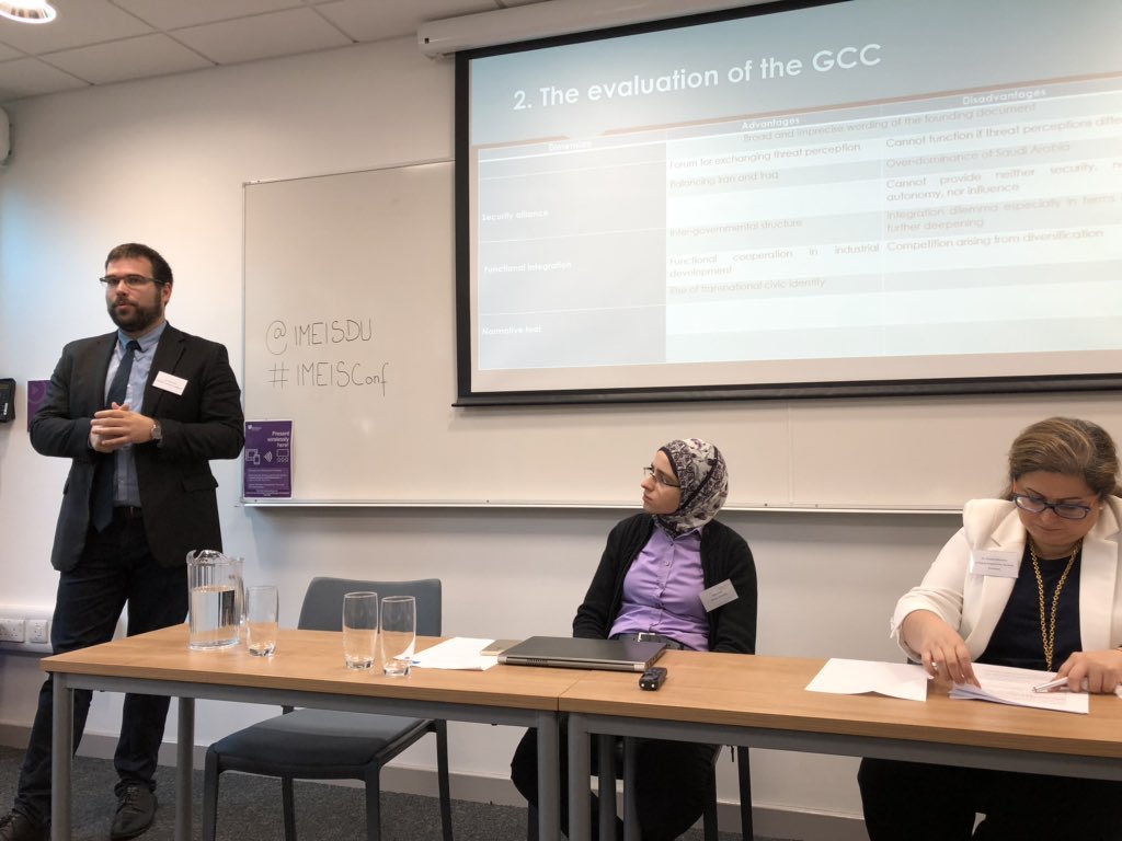 abaabood's tweet photo. Mate Szalai speaking @IMEISDU: The GCC is a mixed bag for the #GCC small states because of #KSA influence and because of competition between these small #gulf  states! @Durham_SGIA  #IMEISConf https://t.co/DrsuSAjVfO