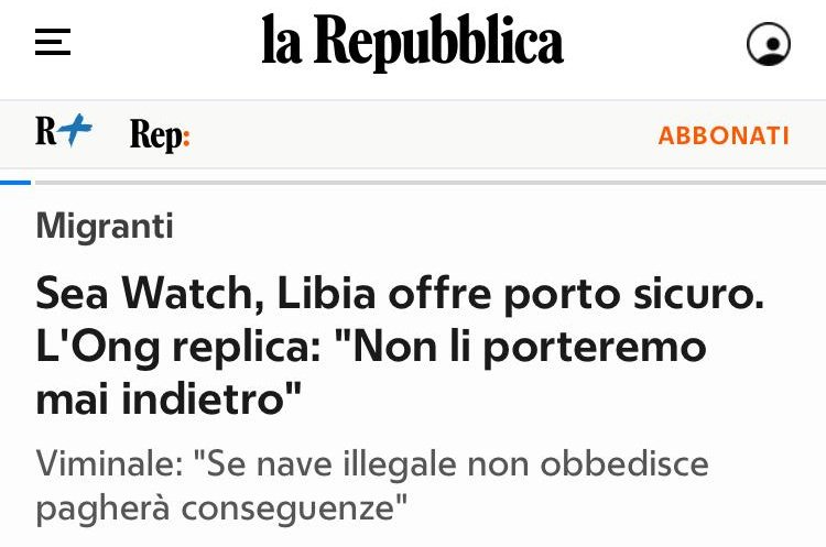 Amici di <a href="/repubblica/">Repubblica</a>, titolare "Libia offre porto sicuro" è come scrivere "Auschwitz offre lavoro a tempo pieno". Tutti gli organi internazionali hanno già detto che la Libia NON è sicura e che le persone vengono torturate in campi di detenzione. #portiaperti <a href="/RescueMed/">Mediterranea Saving Humans</a>