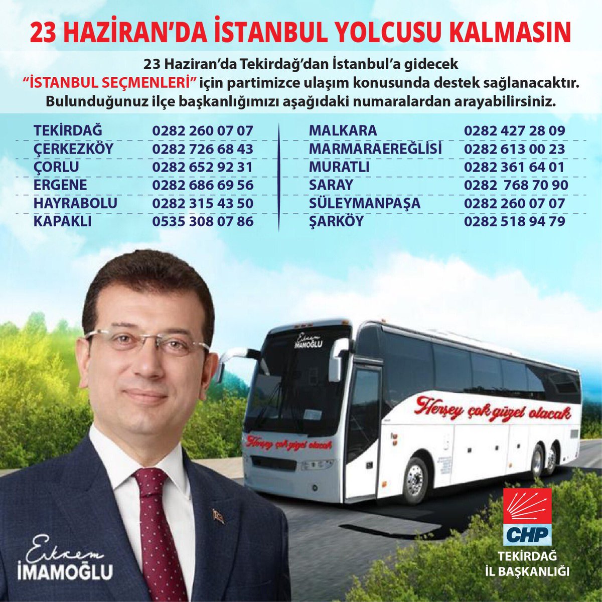 23 Haziran'da Tekirdağ’dan İstanbul'a gidecek "İSTANBUL SEÇMENLERİ"nin dikkatine❗️
#CHPTekirdağ #HerşeyÇokGüzleOlacak