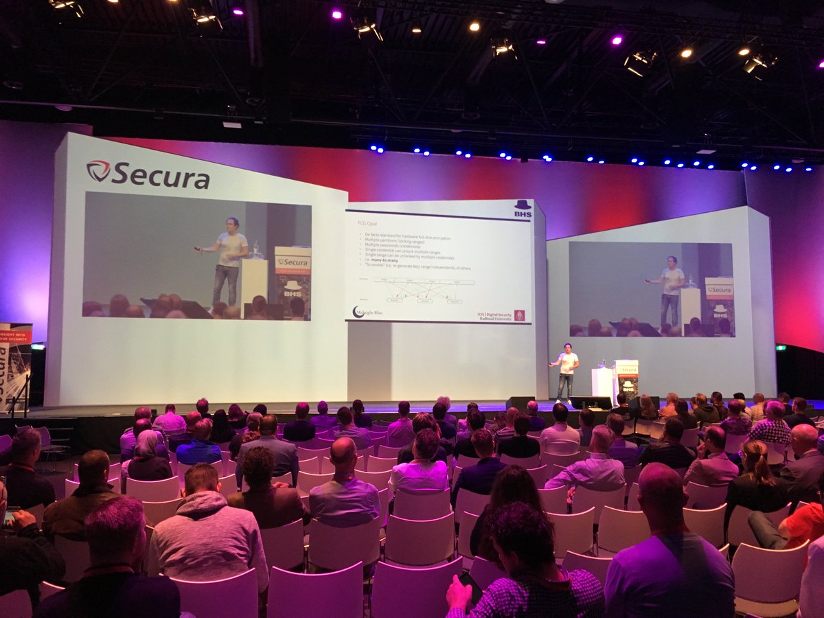 Carlo Meijer, PhD student at Radboud University Nijmegen, is now presenting the impressive work he &amp; Bernard van Gastel did on reverse engineering firmware-based encryption in hard-drives. Read their paper here (.pdf): ru.nl/publish/pages/… JTAGulator &amp; IDA Pro ftw #BHSXVII
