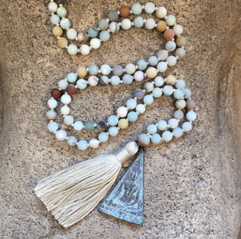 *Shop link in profile* ૐ
108 Bead Hand Knotted Frosted Amazonite Mala Necklace with Patina Buddha and Sand Colored Handmade Tassel. 
ૐ
#strength #truth #hope #adventure #explore #mala #malabracelet #etsy #travel #joy… instagram.com/p/BypVr_KhAEp/…