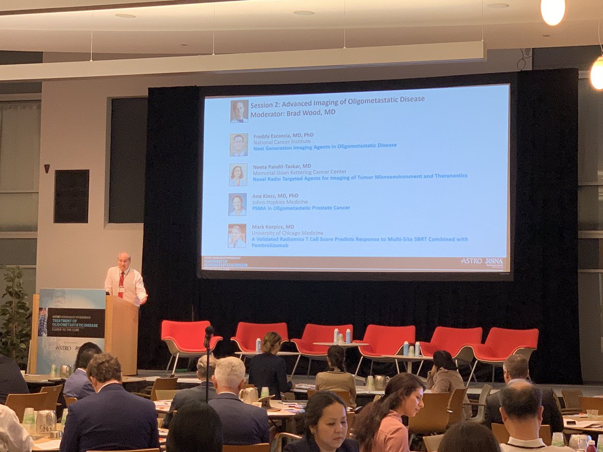 ASTRO_org's tweet photo. Dr. Brad Wood from @NIH moderates a panel of Drs. Freddy Escorcia, Neeta Pandit-Taskar, Ana Kiess, and Mark Korpics for Session 2: Advanced Imaging of Oligometastatic Disease at the #ResearchWorkshop! #ClosertoCuringCancer https://t.co/zybsHYxogv
