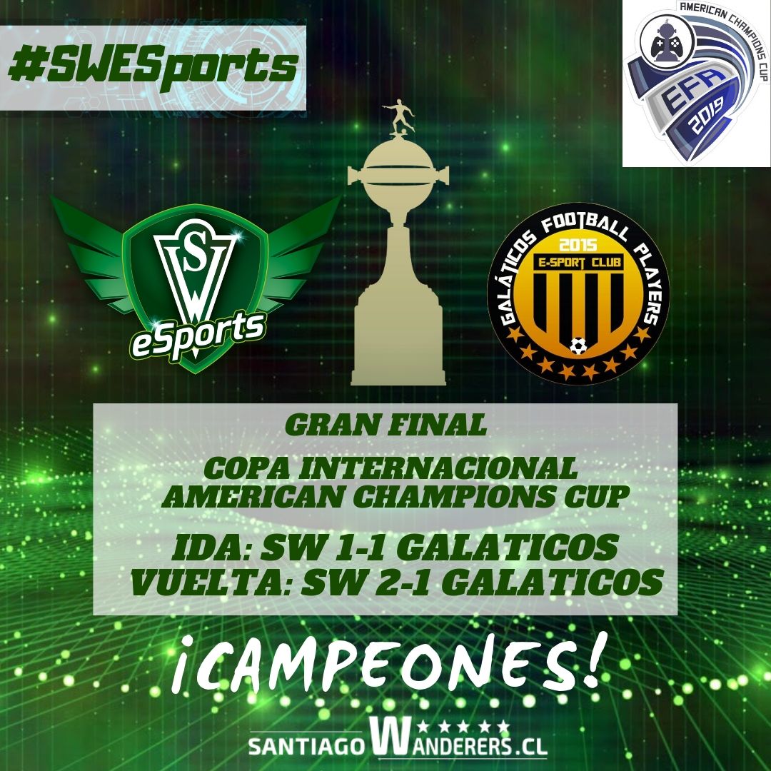 swanderers's tweet photo. #SWESports ¡CAMPEONES DE LA LIBERTADORES! Santiago Wanderers E-Sports se impuso ante Galaticos FC de Brasil en la Final de la Copa Libertadores Virtual tras empatar 1-1 en la ida y ganar 2-1 en el duelo de vuelta. ¡FELICITACIONES MUCHACHOS POR ESTE IMPORTANTE LOGRO!💚⚽👏🏆🎮 https://t.co/4gvgwkwCgd