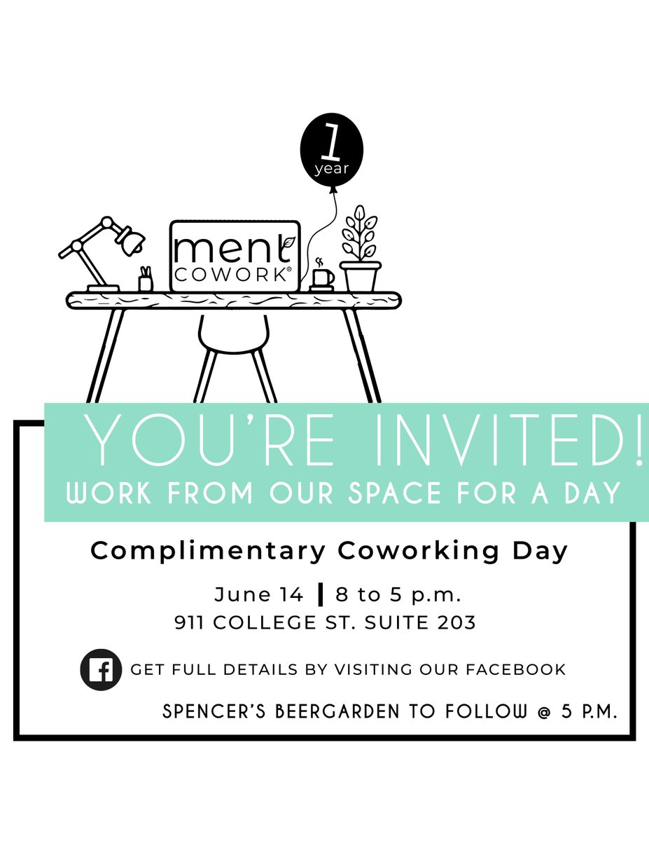 mentcowork's tweet photo. It's our birthday today and we are keeping the celebrations going until tomorrow night! Register for our free coworking day and get in on the fun! #mentcowork #enjoythement #firstanniversary https://t.co/X1r5WfZHLH