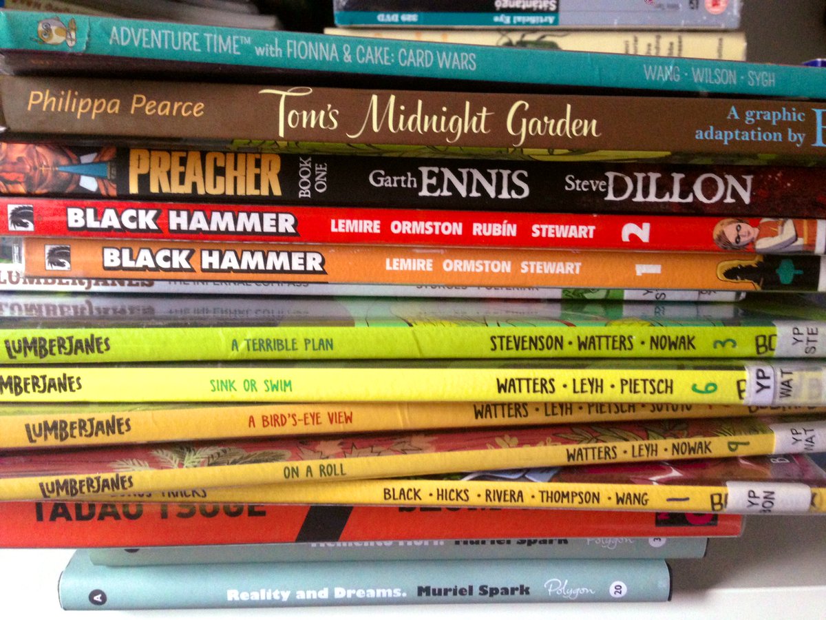Oh boy! John's gone crazy at the library and has brought home all these graphic novels! Weekend reading sorted! Hope it rains a lot. 
#ComicsInLibraries #ComicsOnTwitter