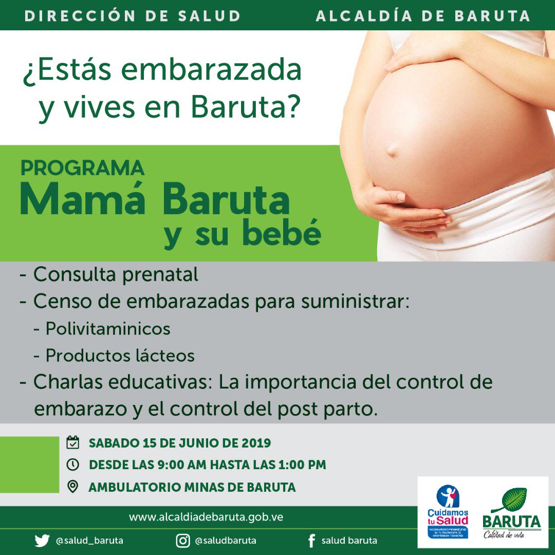 ¿Estás embarazada y vives en Baruta? 

Te invitamos el próximo sábado 15 de junio de 9 am a 1 pm en el Ambulatorio Minas de Baruta a la Jornada de Consulta Prenatal. 

Corre la voz y asiste! ¡Te esperamos! 

#SaludEsCalidadDeVida #SaludBaruta #AlcaldiadeBaruta