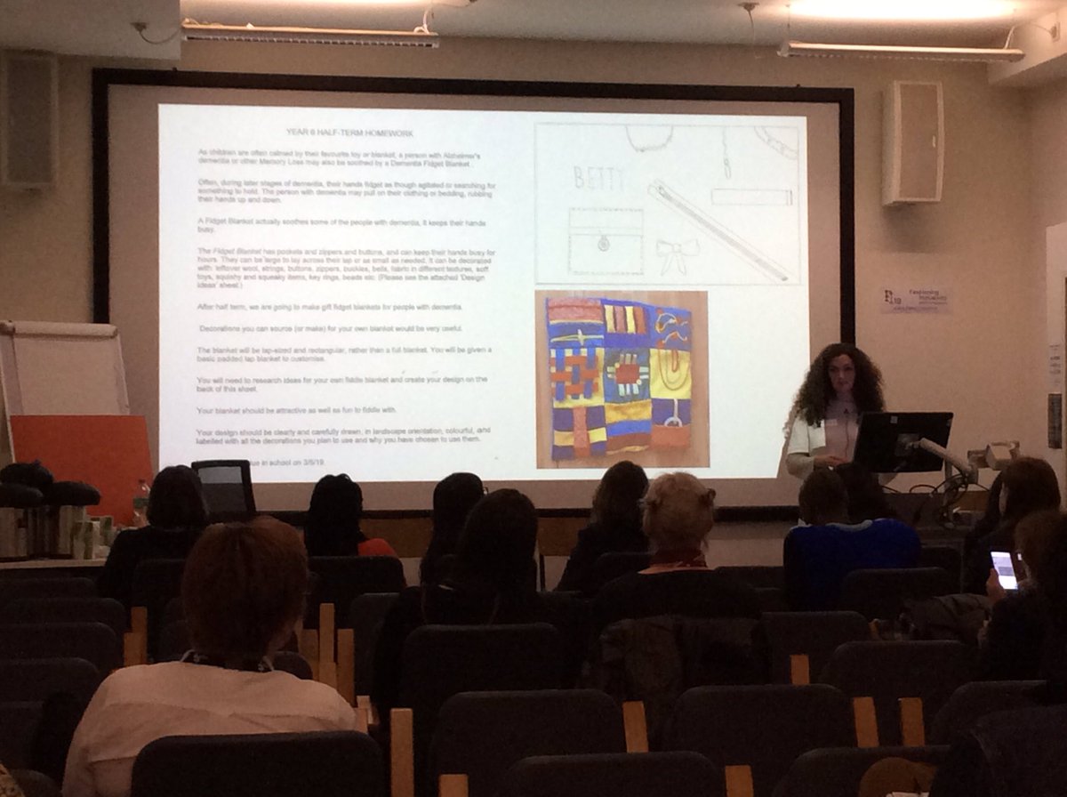 fashinclusivity's tweet photo. After finding our about intentionally restrictive clothing for older people with dementia and kids with ADHD, Fowles is now working on an inter-generational project where children are designing fiddle blankets for dementia sufferers.  #FashioningInclusivity2019 https://t.co/xLd4zxFaNh