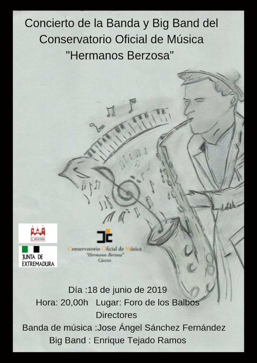 ConserMusicaCC's tweet photo. Concierto de la banda y big band del conservatorio el próximo martes 18 de junio de 2019 en el Foro de los Balbos de Cáceres a las 20:00 h. ¡¡¡¡Os esperamos!!!! https://t.co/ZkFFy8003G