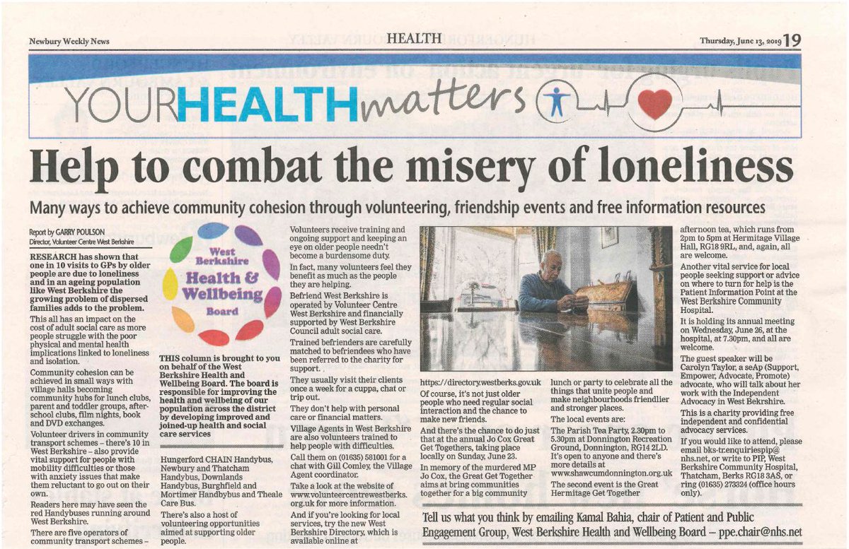 Help to combat the misery of loneliness. Many ways to achieve community cohesion. 
Please read the June <a href="/NewburyToday/">.</a> article from the West Berkshire Health and Wellbeing Board.