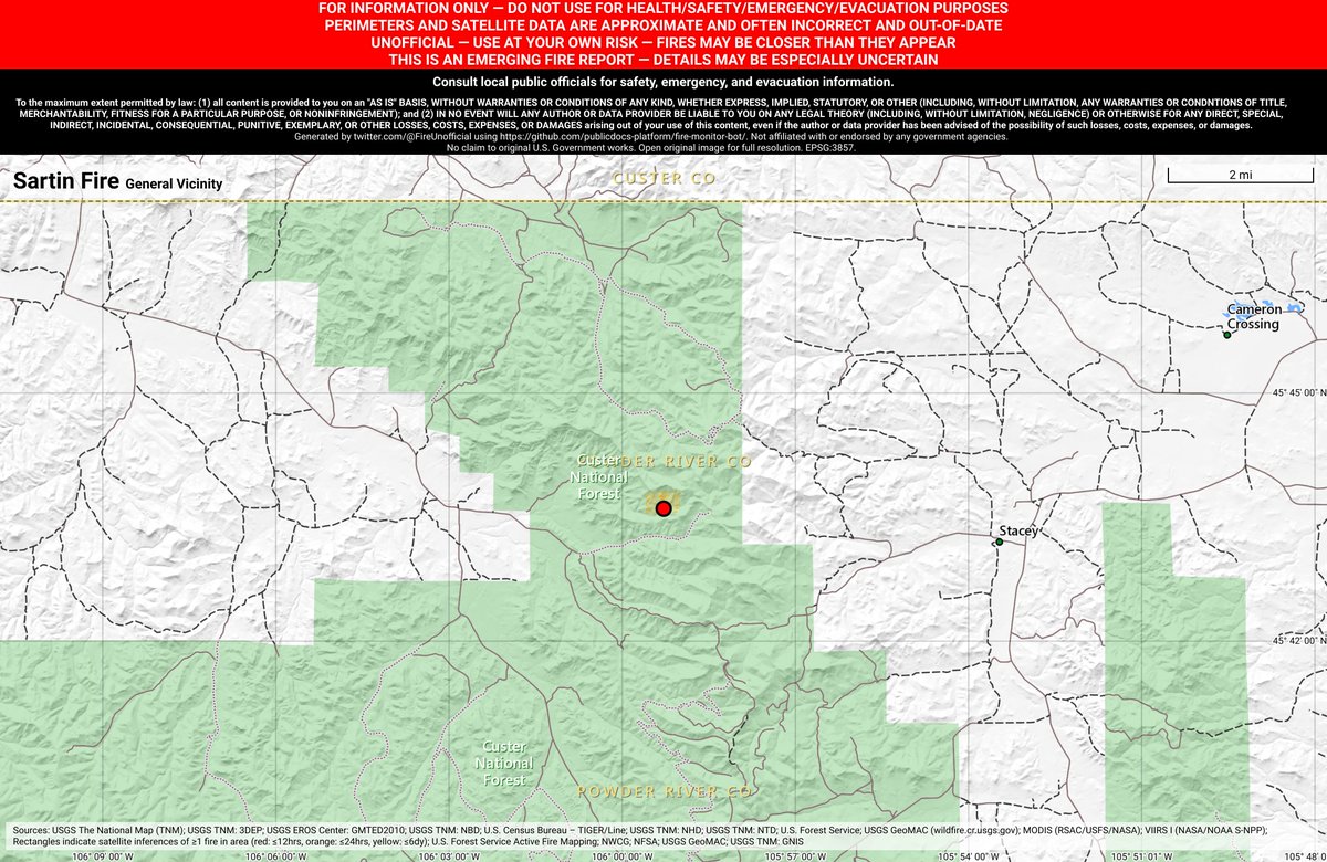 NRockFireBot's tweet image. #SartinFire 🔥 discovered Jun 12, 2019, 7:27 PM UTC - unofficial report.
#PowderRiverCounty Miles City Field Office; ~17mi ENE of Ashland, MT. ~79mi NE of Sheridan, WY. See officials for safety info. May be incorrect; disclaimers in images.