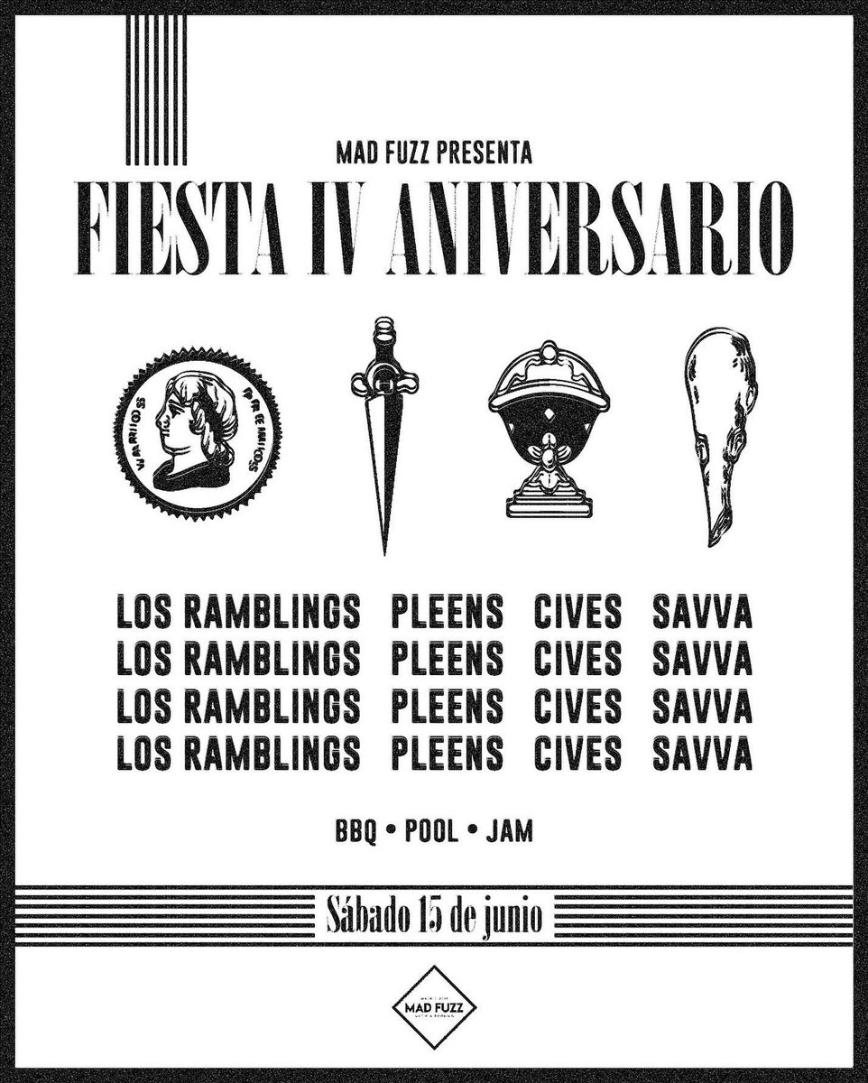 civesband's tweet photo. Este sábado tocamos en el BBQ LIVE de @madfuzzmusic. Se viene la pary con @LosRamblings , @pleensband y #Savva 🔥
#cives #party #madfuzz #fiesta #aniversario #losramblings #pleens #savva #madrid #music #bbq #jam #pool #live #show https://t.co/UYHuh3MCdL