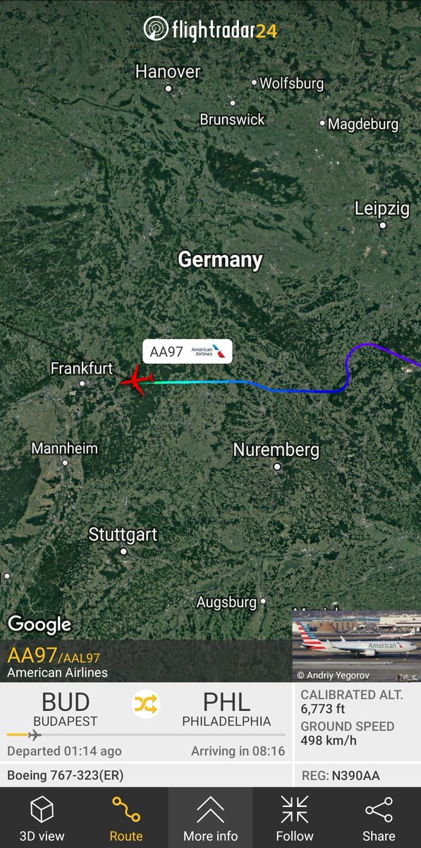 FlightIntl's tweet photo. American Airlines flight #AA97 from Budapest to Philadelphia has declared a general emergency and is diverting to Frankfurt https://t.co/Nysr9Iy3Zl https://t.co/2QEfM3oamh