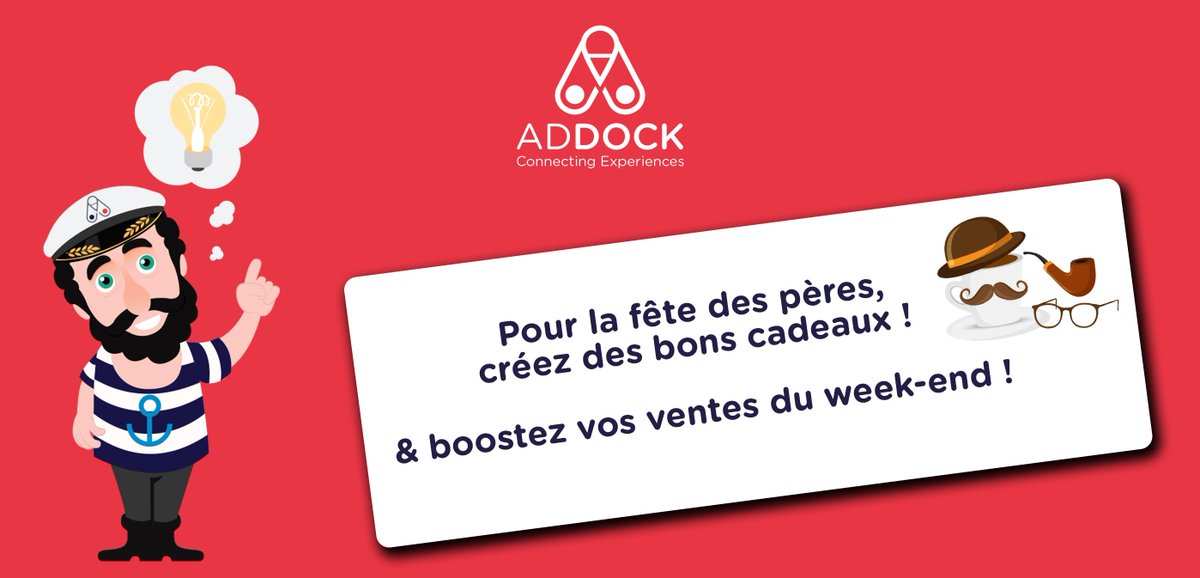 📣 Conseil du Capitaine ⚓️ 
Ce weekend, c'est la fête des pères !
Alors pourquoi ne pas en profiter pour créer des bons cadeaux et augmenter vos ventes du weekend :)

addock.co/wp-content/upl…