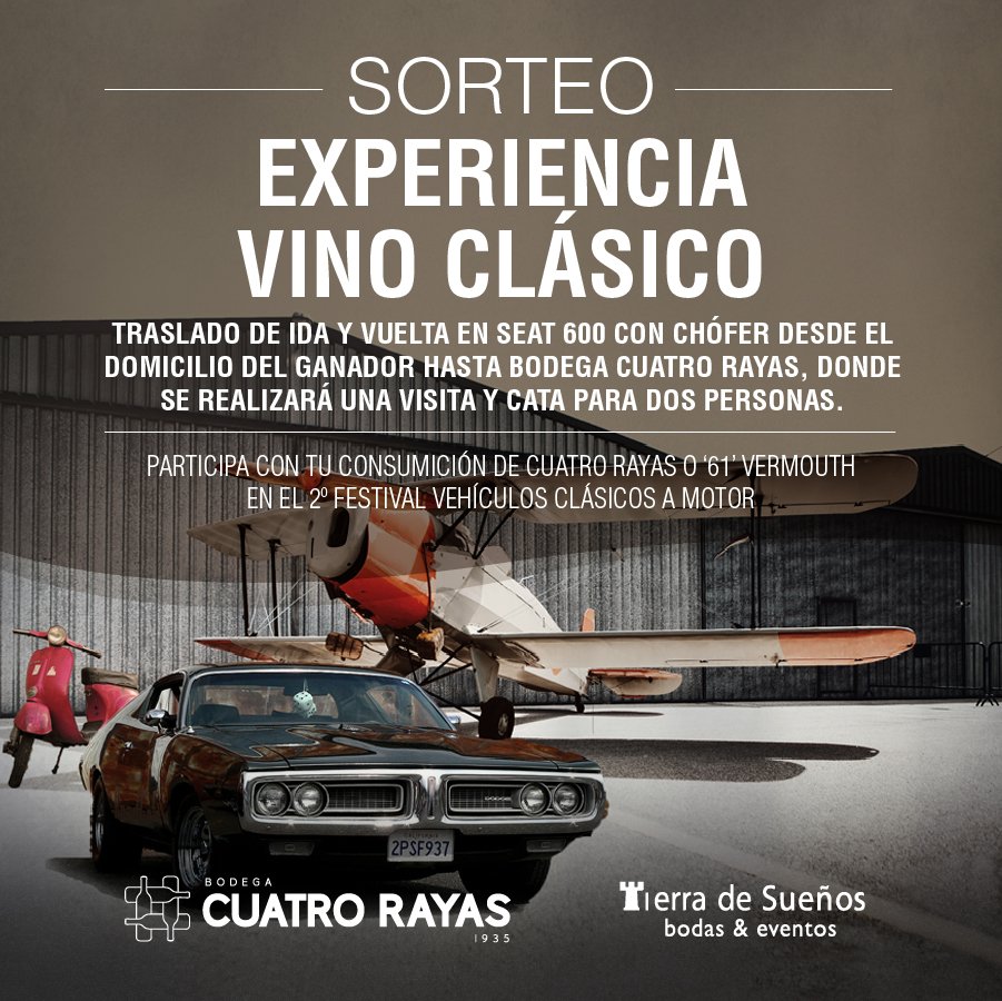 Bodega Cuatro Rayas (@cuatrorayas) on Twitter photo Al pedir Cuatro Rayas o ‘61’ Vermouth Verdejo en el 2º Festival Clásicos a Motor, entrarás en el sorteo de:
-Experiencia Vino Clásico.
-Vuelo en Ultraligero para una persona.
¡Mucha suerte!
➡️23 de junio, #AeródromoMatilla <a href="/tdseventos/">TDS BODAS Y EVENTOS</a> Al pedir Cuatro Rayas o ‘61’ Vermouth Verdejo en el 2º Festival Clásicos a Motor, entrarás en el sorteo de:
-Experiencia Vino Clásico.
-Vuelo en Ultraligero para una persona.
¡Mucha suerte!
➡️23 de junio, #AeródromoMatilla <a href="/tdseventos/">TDS BODAS Y EVENTOS</a>