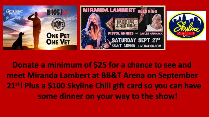 BigDaveB105's tweet photo. Wow! @mirandalambert just called @B105 to donate tix and backstage passes to #OnePetOneVet! To be in the running to win them plus a $100 @Skyline_Chili gift card, make a $25 donation before 10:00 am. Donate now by clicking this link!
https://t.co/wVnX6KzARk https://t.co/PTCGumTu11