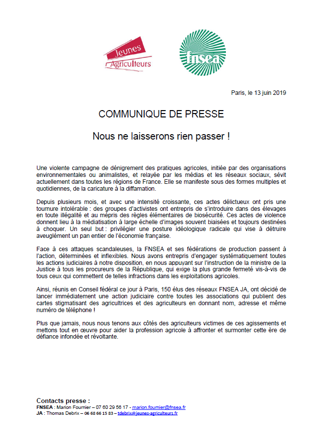[#CP] Face à l'agribashing : nous ne laisserons rien passer ! 
Une violente campagne de dénigrement des pratiques agricoles sévit actuellement dans toutes les régions de France. Nous nous tenons aux côtés des agriculteurs victimes de ces agissements.
👉bit.ly/2RcJ5dS