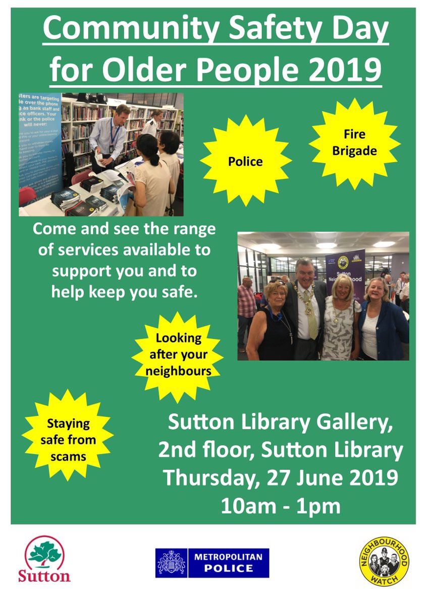 Great opportunity to come and see the range of services available to support you and to help keep you safe. We're looking forward to seeing you there! 27th June from 10am <a href="/SuttonLibraries/">Sutton Libraries</a> #community #safety