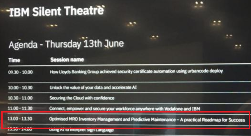Presidion's tweet photo. Just 20 minutes until Marian takes to the stage to discuss MRO #Inventory Management in the #IBM Silent Theatre @TechXLR8! https://t.co/QKJ1IJ0157

#TechXLR8 #LondonTechWeek @LDNTechWeek #Maintenance #AdvancedAnalytics https://t.co/jIFmH9Y0iL