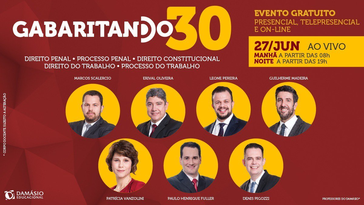 VEM AÍ o #Gabaritando30! 

Uma MEGA REVISÃO para você aumentar suas chances nas questões de #Trabalho, #ProcessoDoTrabalho, #Constitucional, #Penal e #ProcessoPenal na #OAB1ªFase! 😍

Inscreva-se! 🤓 
👉 bit.ly/gabaritando30_…

#ExameDeOrdem #OAB #OABéNoDamásio