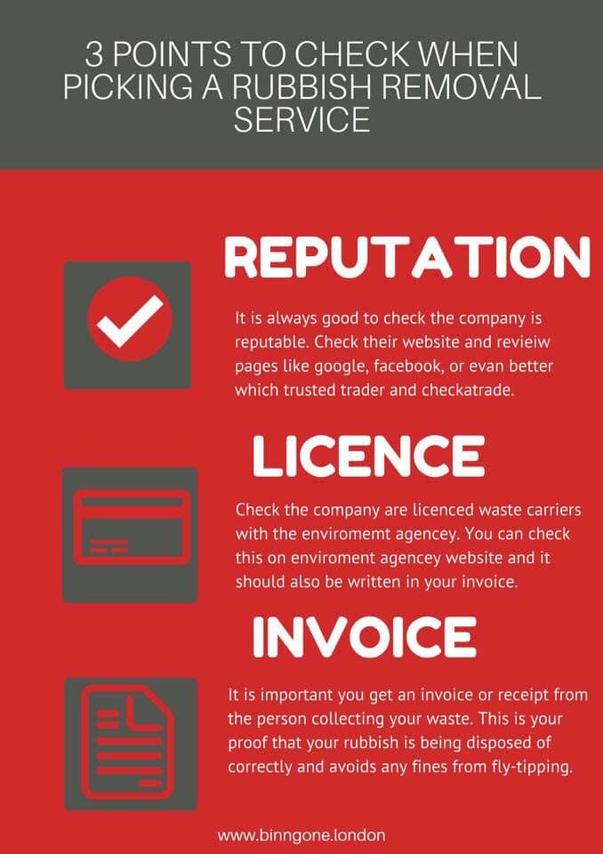 When looking for a company for rubbish removal please check they are insured and licensed. Don’t go for someone you’re not sure of and find you end up with a fine as your rubbish has been fly tipped Doeak to Alex <a href="/Binngone_london/">BIN N GONE</a> and get it done right