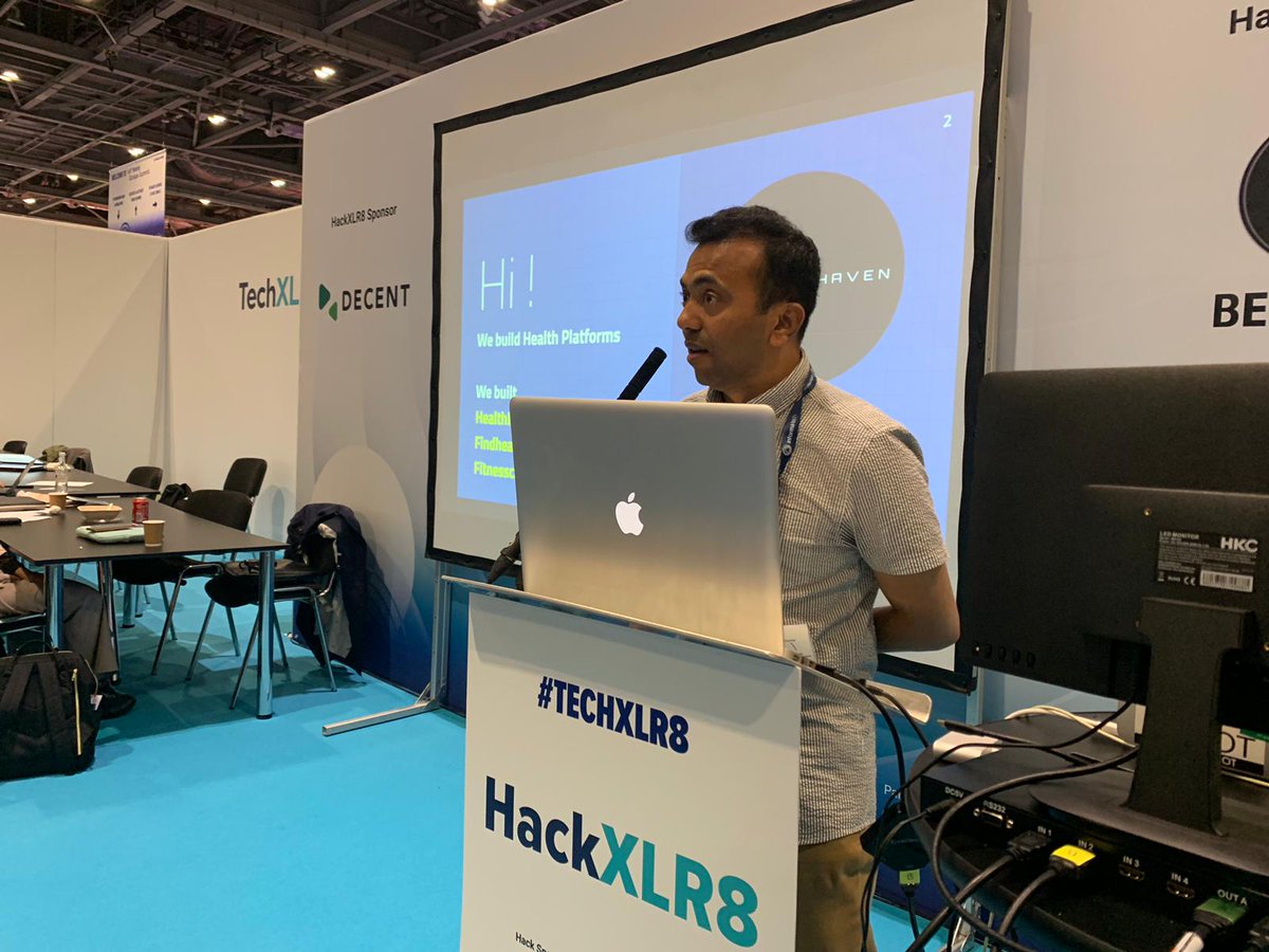 BeMyAppEMEA's tweet photo. Now pitching - HealthHaven which is an AI chatbot will converse with patients recovering from sports injuries and automatically advise how to get back to fitness #HackXLR8 @TechXLR8 @LDNTechWeek https://t.co/FEgytVtQAC