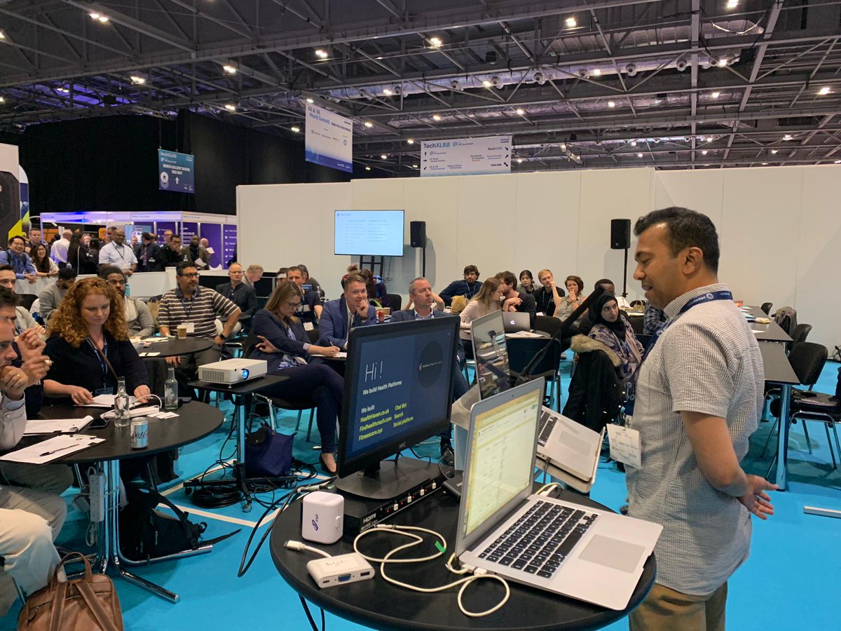 BeMyAppEMEA's tweet photo. Now pitching - HealthHaven which is an AI chatbot will converse with patients recovering from sports injuries and automatically advise how to get back to fitness #HackXLR8 @TechXLR8 @LDNTechWeek https://t.co/FEgytVtQAC