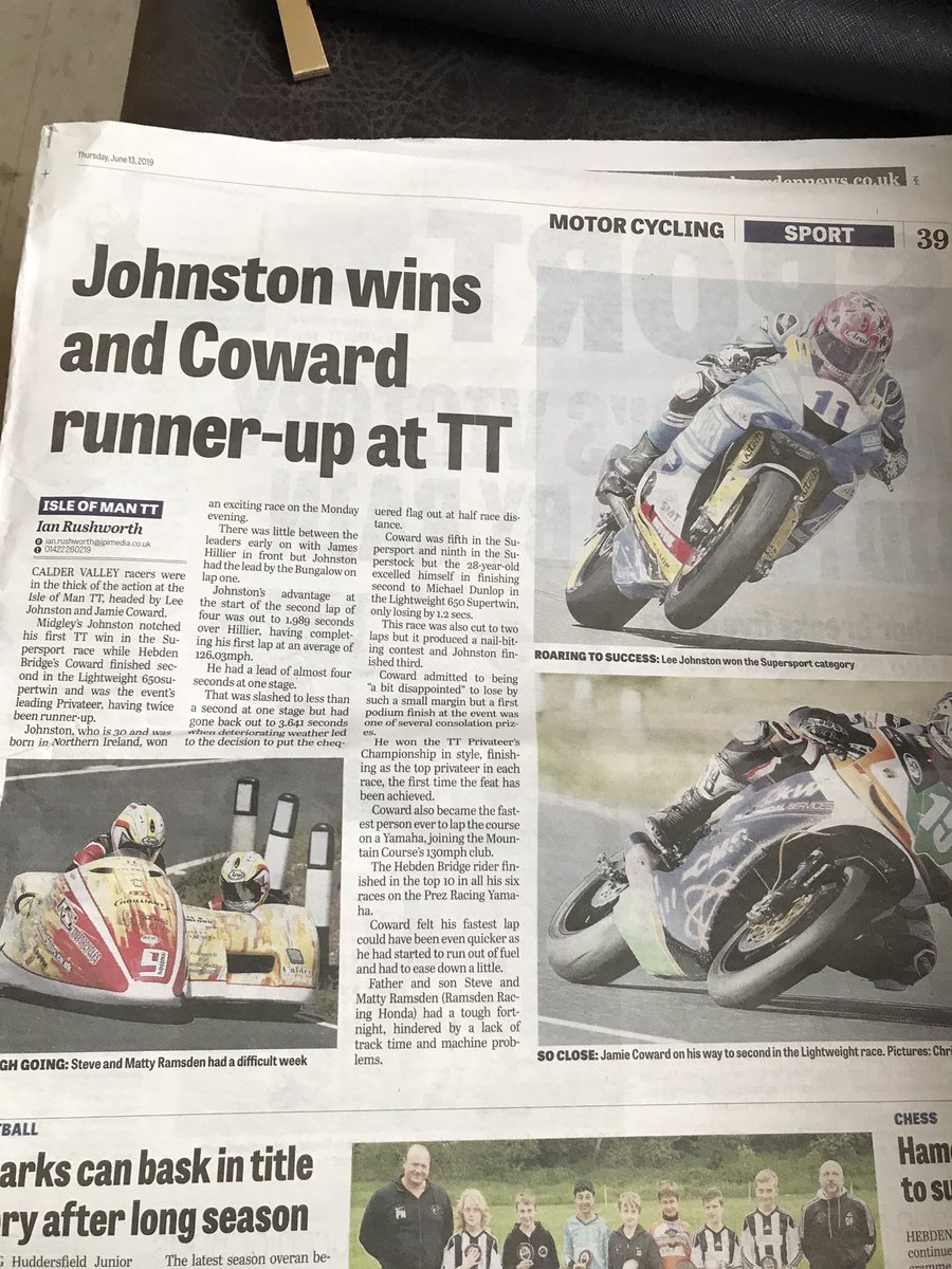 coward_sally's tweet photo. Made the local paper @JCowardRacing and @Lee_johnston13 #nowanhonourery #yorkshireman   #valleyracesshine @iom_tt 🏁🏁 https://t.co/ChELHWrGFr