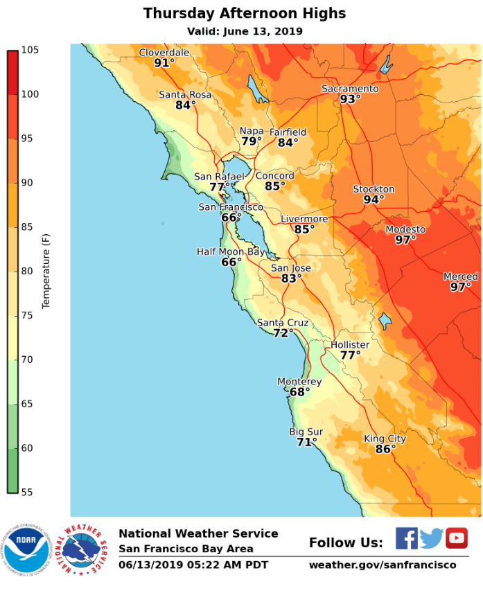NWSBayArea's tweet photo. The BIRDIES are out this morning. I'm sure your friends will be GREEN with envy if you are able to DRIVE down the coast today. Here's a look at expected afternoon temperatures showing that today shouldn't be too ROUGH.
#caWx #thursdayWx #golf https://t.co/OOto4sNfjD