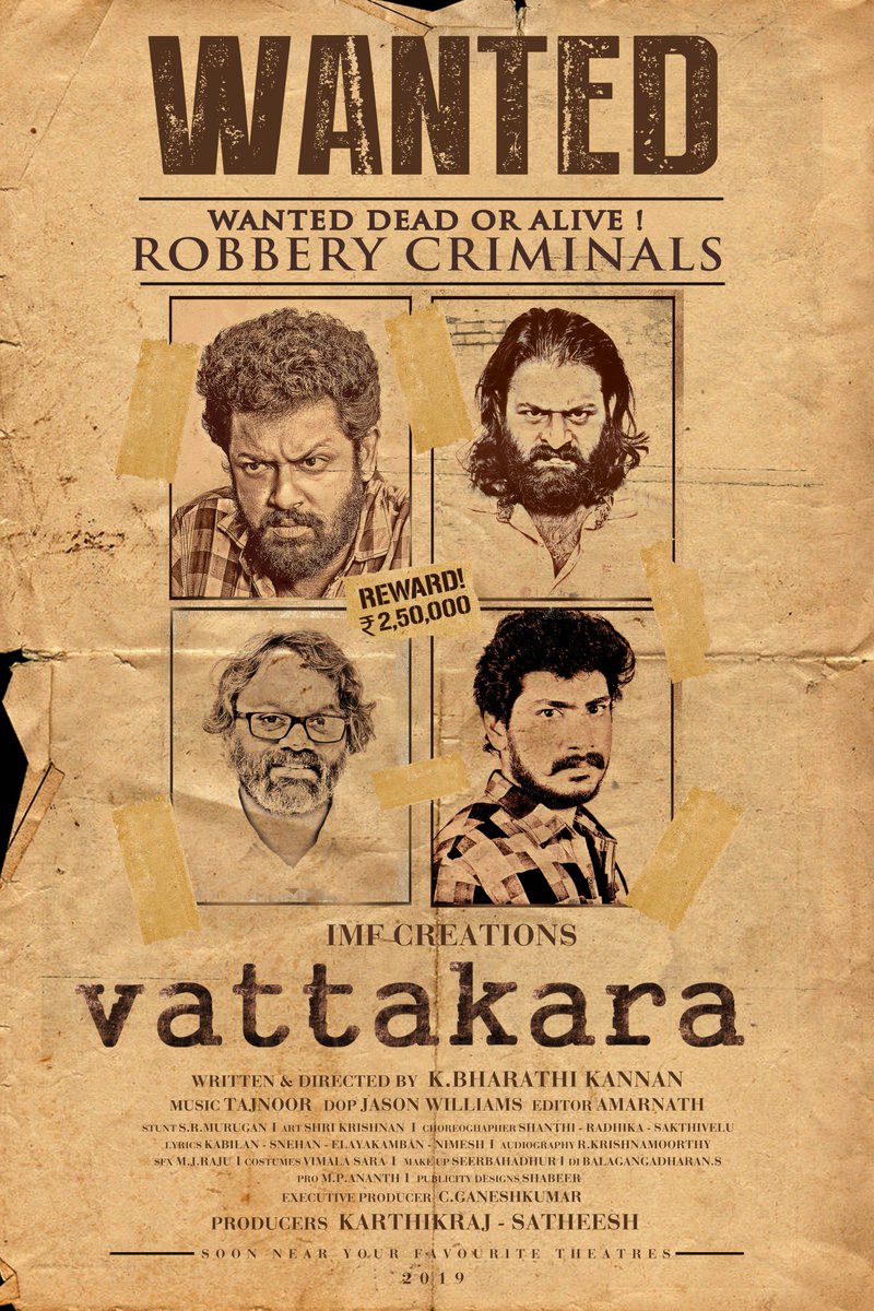 karthiksubbaraj's tweet photo. Happy to release the first look of #Vattakara 

All the best to producers Satheesh, KarthikRaj, director @KBharathiKanna2 &amp; his whole new team thats debuting with this film... 

Very intriguing title 'வட்டகரா'  👍 https://t.co/QY5Z65oIXF