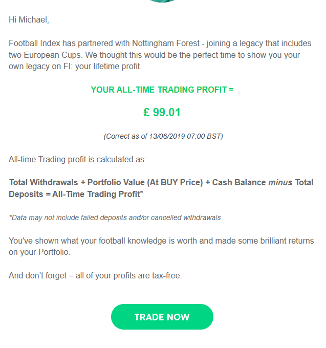 MikeFYuill's tweet photo. Nice little prompt by @FootballIndex this morning of my performance so far as the 'Barry Fry' of the index. 69 players, biggest hold 26 shares. Not bad from £340 total deposit from 3.5 months ago. #footballindex #newisa https://t.co/nJFgmvOtCl