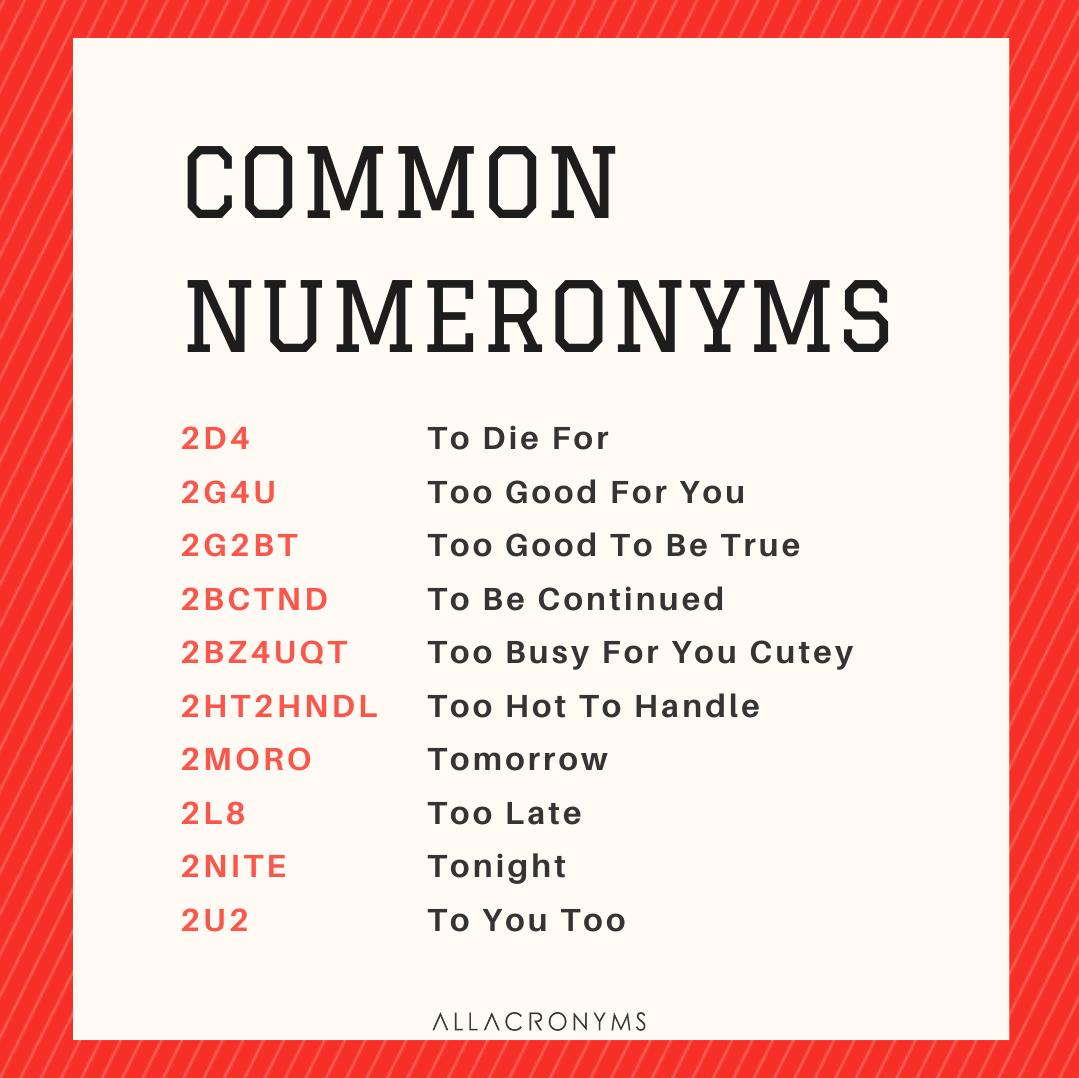 AllAcronyms's tweet image. Numeronym is a number-based word, commonly used in texting slang.
See more at allacronyms.com/numeronyms☀️

#Numeronyms #Acronyms #TextingSlang #InternetSlang