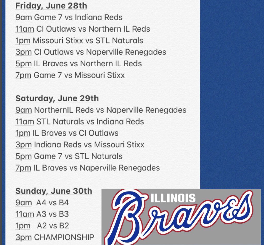ILBraves's tweet photo. 🚨College Coaches🚨 2020 Braves Invite is set. June 28-30th at the University of Illinois. A lot of talented Uncommitted kids will be present. Teams coming: @NapRenegades @stixx_baseball @STLNats17U_2019 @G7_Sports @cioutlaws @Indiana_Reds (Northern Illinois Reds) @bobbykuntz3 https://t.co/kGTZsBBbXY
