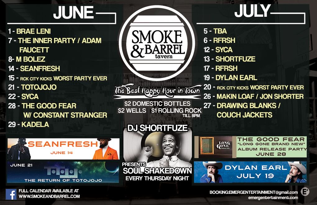 Emerg_Ent's tweet photo. June and July is looking like a blast at @smokeandbarrel https://t.co/Dj39wv0Wd4