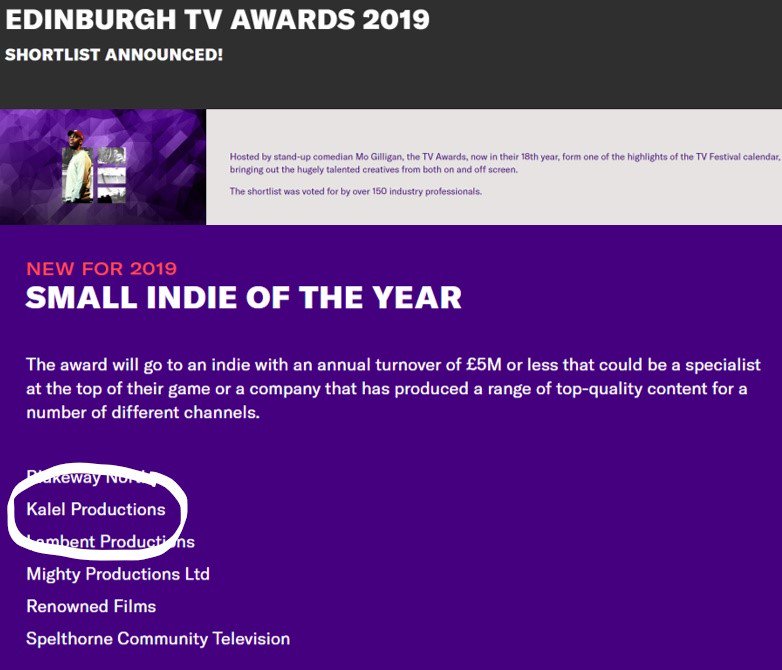 Kalel Productions (@kalel_tweets) on Twitter photo Kalel Productions has been nominated for Small Indie of the Year at #EdinburghTVAwards2019! A massive THANK YOU to everyone who works or has worked with Kalel! <a href="/EdinburghTVFest/">Edinburgh TV Festival</a> #SmallIndieoftheYear Kalel Productions has been nominated for Small Indie of the Year at #EdinburghTVAwards2019! A massive THANK YOU to everyone who works or has worked with Kalel! <a href="/EdinburghTVFest/">Edinburgh TV Festival</a> #SmallIndieoftheYear