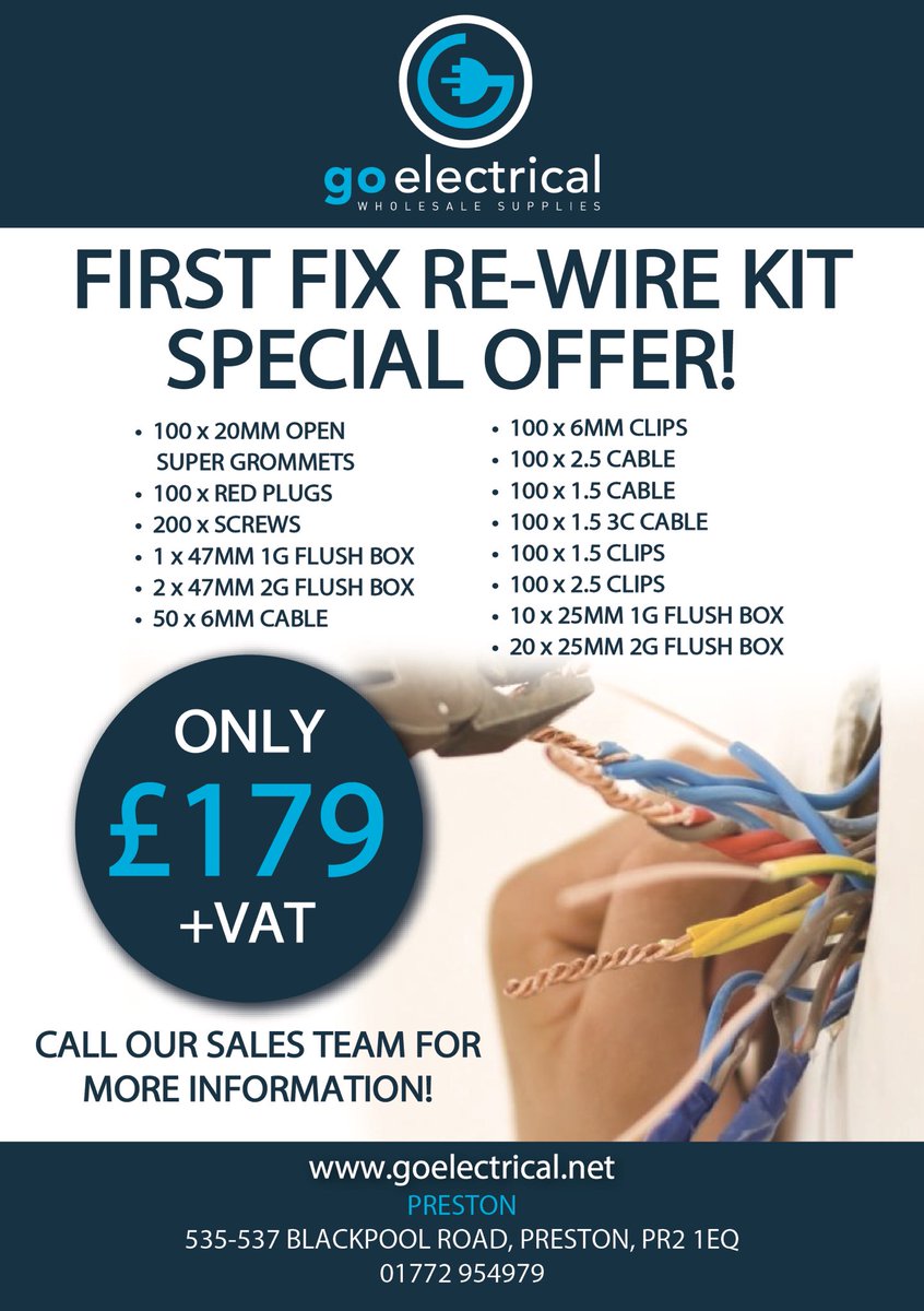 ukgoelectrical's tweet photo. โผ๏ธOur Preston branch have some FANTASTIC offers in storeโผ๏ธCheck out these 1st and 2nd fix re-wire kits ๐ Call our sales team for more information 01772 954979
-
#goelectrical #electricalwholesale #electricalwholesaler #electrician #houserewire #firstfix #secondfix https://t.co/vLkKsTtPDt