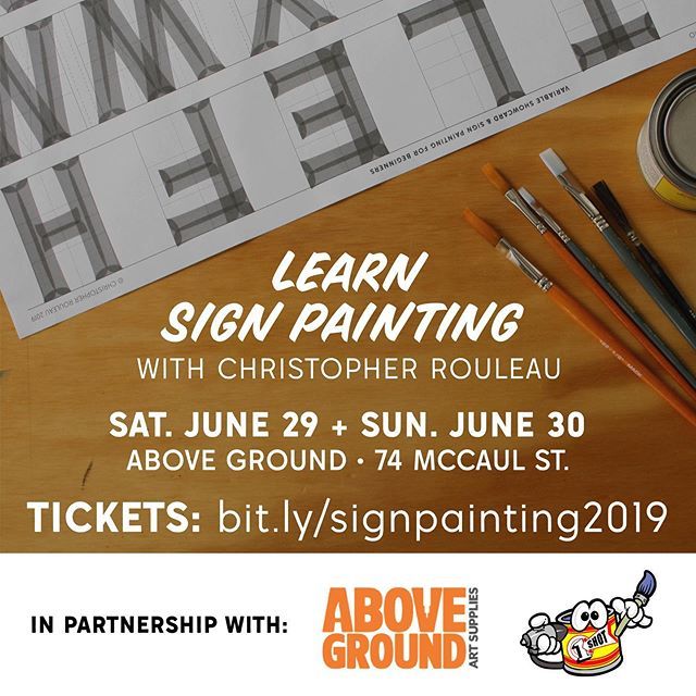 Only three spots left!

Repost: Learn Sign Painting with @chris_rouleau!

This new two-day workshop, in partnership with <a href="/aboveground/">Above Ground</a>.to, and <a href="/1shotpaints/">1 Shot</a> , teaches the fundamentals of traditional sign painting. Participants will learn about best practic… bit.ly/2ZmS7YA