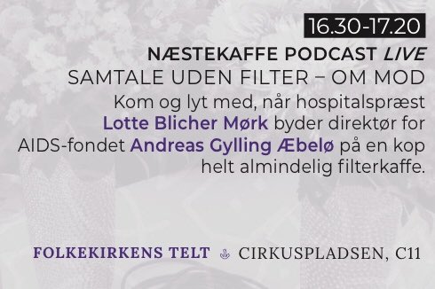 Jeg glæder mig til mange samtaler på @Folkemoedet - måske særligt denne. Jeg skal drikke “næstekaffe” med hospitalspræst Lotte Blicher Mørk, og temaet er mod. Hvis du er på #fmdk, så kig forbi kl 16.30 - samtalen livestreames vist også på @folkekirkendk’s Facebook-side