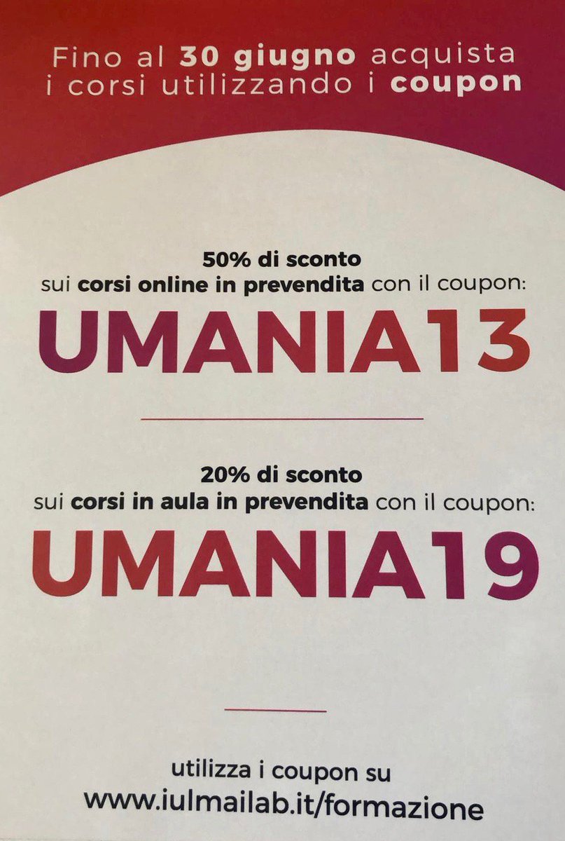 Non perdete l'occasione di ottenere gli sconti e i coupon sui nostri corsi on-line e in aula!!Prenota subito! #IULM #universita #milano #universitylife #learning #AI
#management #innovation #IntelligenzaArtificiale #ArtificialIntelligence #umania