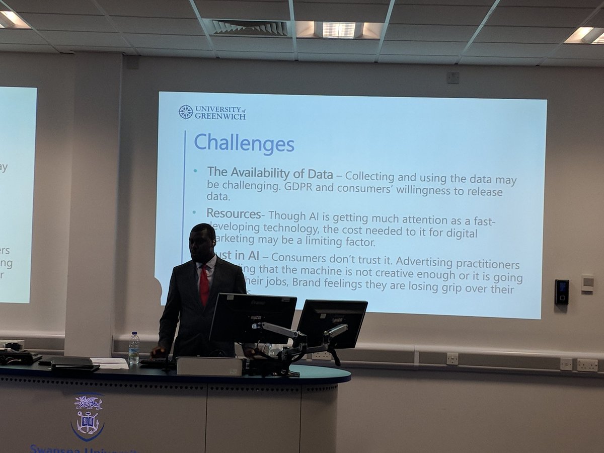 DrKuttimani's tweet photo. Dr @e_mogaji  is taking us through challenges of #AI usage in #DigitalMarketing such as #GDPR and #Trust right now @SoMSwansea  #AIWorkshop. Prof @YogiD15 #EMaRC @iLab_Swansea https://t.co/guoXosNmFp
