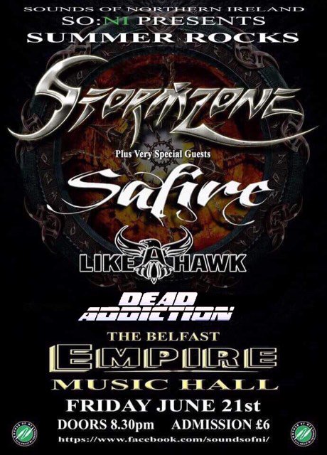 Sounds of NI (@sonilive1) on Twitter photo SONI ROCKS!
A Mighty Evening of Rock & Metal!
Live at <a href="/belfastEmpire/">Belfast Empire</a> Music Hall on Fri 21st June:
STORMZONE <a href="/StormzoneUK/">Stormzone Official</a>
SAFIRE <a href="/Safireband/">Safirebandni</a>
LIKE A HAWK
DEAD ADDICTION <a href="/DeadAddictionUK/">Dead Addiction</a>
Doors 8.30pm / Admission £6 / Special Drinks Promos!
#NIROCKS SONI ROCKS!
A Mighty Evening of Rock & Metal!
Live at <a href="/belfastEmpire/">Belfast Empire</a> Music Hall on Fri 21st June:
STORMZONE <a href="/StormzoneUK/">Stormzone Official</a>
SAFIRE <a href="/Safireband/">Safirebandni</a>
LIKE A HAWK
DEAD ADDICTION <a href="/DeadAddictionUK/">Dead Addiction</a>
Doors 8.30pm / Admission £6 / Special Drinks Promos!
#NIROCKS