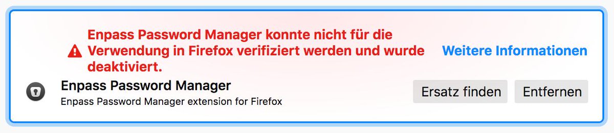 sasusu's tweet photo. @EnpassApp dear Enpass Team I've tried to install your AddOn in Firefox. Sadly it is not possible due to a shown error message. Do you know a solution? https://t.co/cykYQtOkRh