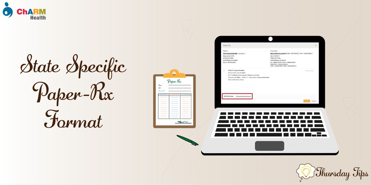 charmhealth's tweet photo. On printing Paper-Rx, you can now opt for the Paper Rx format specific to your state. Learn more - https://t.co/tQWsAdgXM1
#ChARMThursdayTips #FAQs #ChARMEHR #PaperRx #StateSpecific https://t.co/TRp3baNzjV