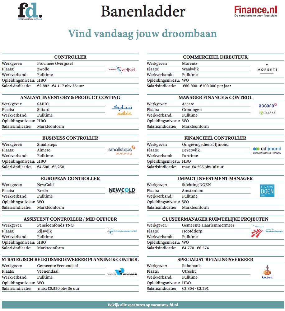 Tijd voor een nieuwe job in Finance? Vind jouw #droombaan in de FD &amp; Finance.nl Banenladder: link.finance.nl/banenladder. Bekijk 100en andere vacatures, plaats gratis jouw CV, ontvang de Banenspecial en vind je nieuwe baan op Finance.nl #finance #vacature