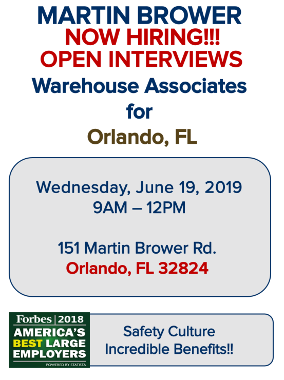 Come join <a href="/MBHires/">Martin Brower</a> at our upcoming #OpenInterviews session on Wednesday, June 19! We'd be pleased to meet you! #MBHires #careerfair #HiringNow #NowHiring #warehousejobs #openinterviews  #Orlandojobs #floridajobs
