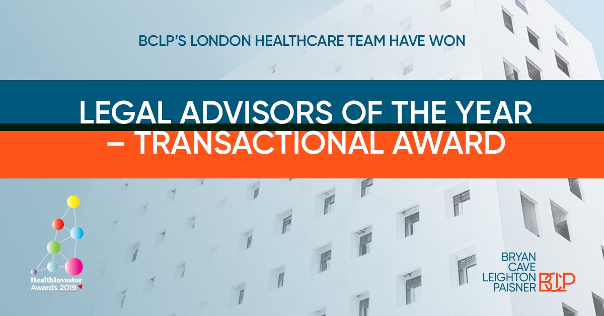 BCLP’s London #Healthcare team picked up the award for ‘Legal advisors of the year – transactional’ for the second year running at the HealthInvestor Awards. To find out more about our #UK Healthcare practice, please visit our website bclplaw.com/en-GB/practice…